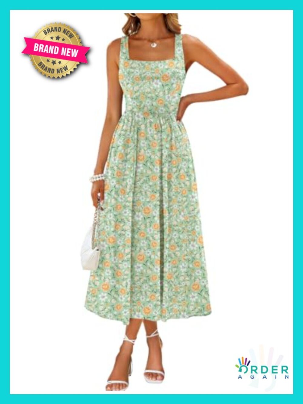 Square Neck Sleeveless A Line Midi Dress with Pockets